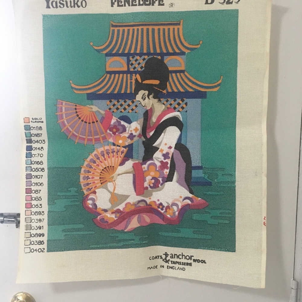 Penelope Teal and Pink Geisha Needlepoint Canvas